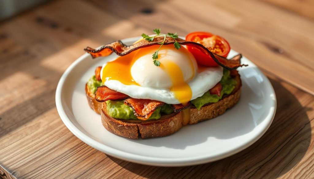 Avocado Toast with Bacon, Roasted Tomatoes, and Poached Egg