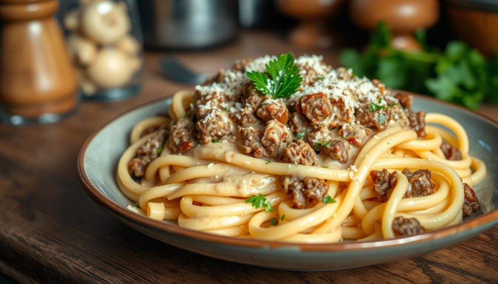 Creamy Ground Beef Alfredo Pasta