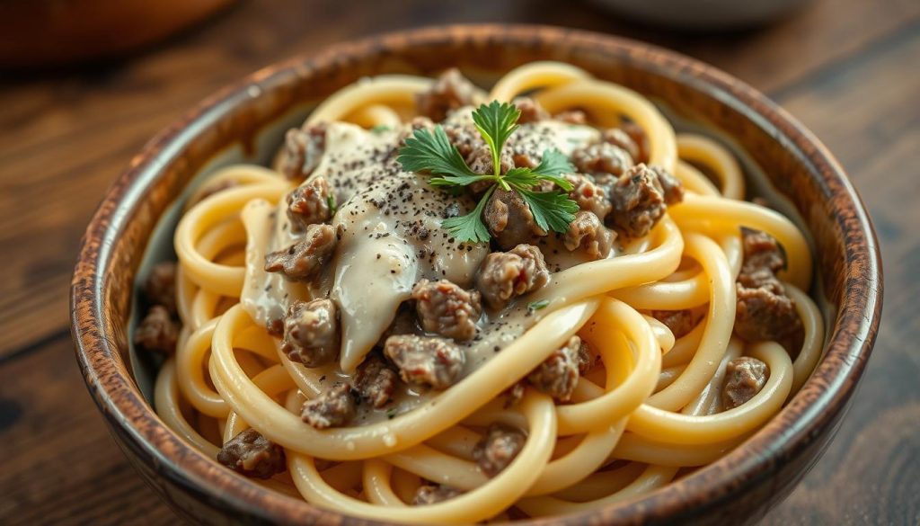 Creamy Ground Beef Alfredo Pasta