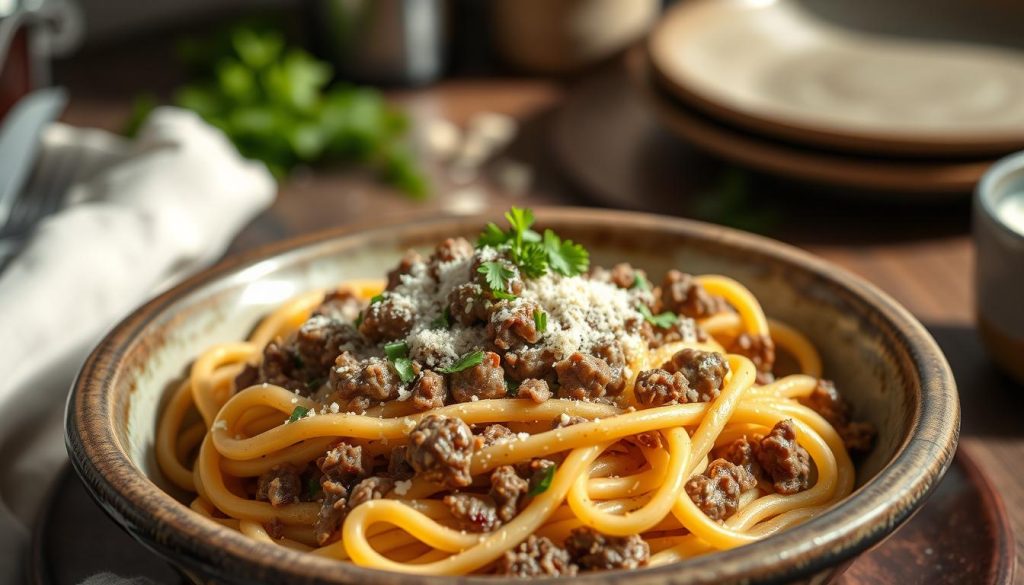 Creamy Ground Beef Alfredo Pasta