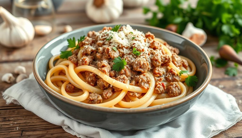 Creamy Ground Beef Alfredo Pasta