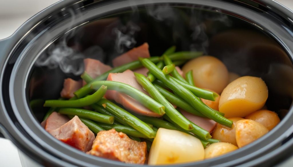 Crockpot Ham, Green Beans, and Potatoes