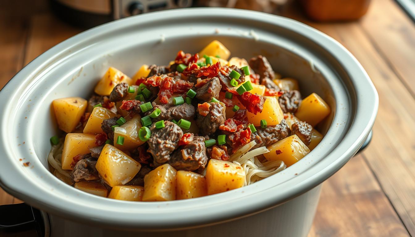 Crockpot Loaded Steak and Potato Bake