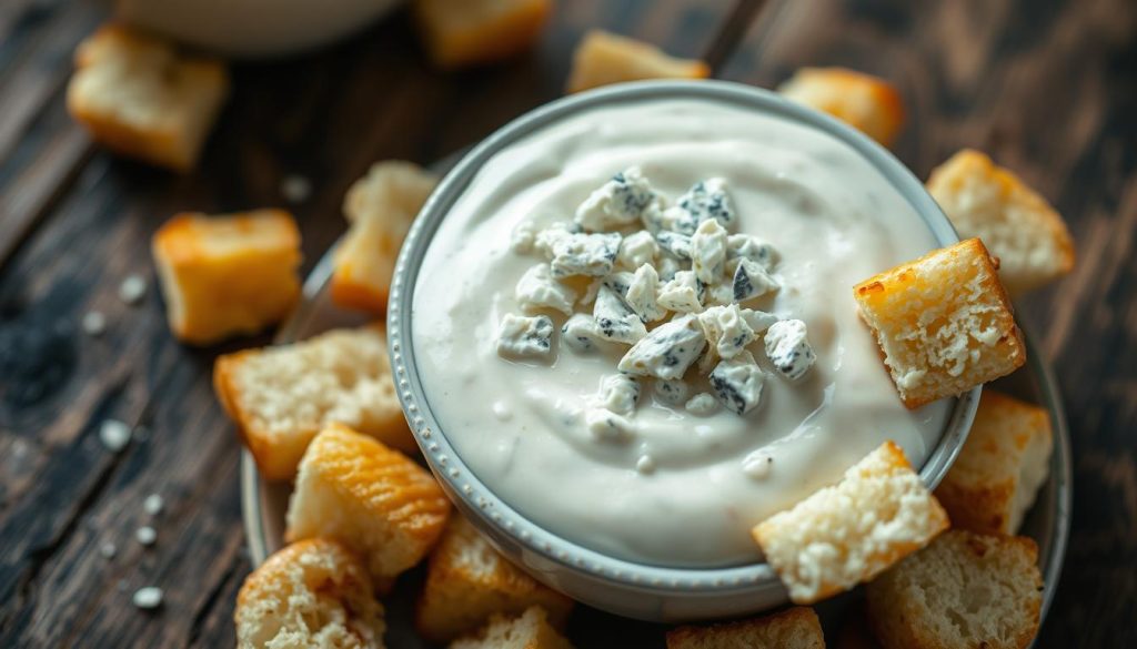 Blue cheese dressing and croutons