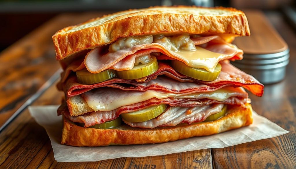 Cuban roast pork, ham and cheese sandwich, Swiss cheese