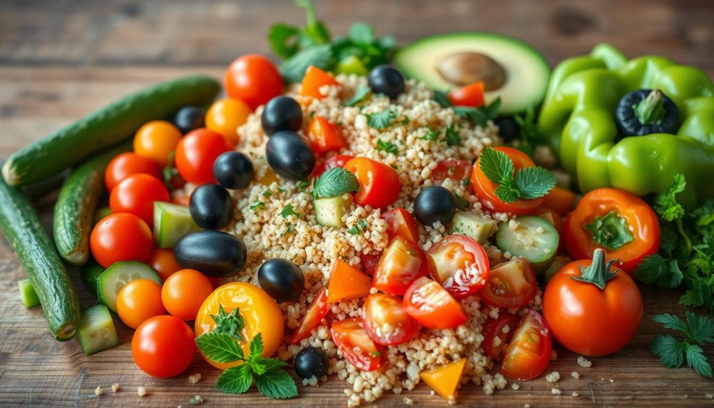 Fresh ingredients for Mediterranean Quinoa Salad