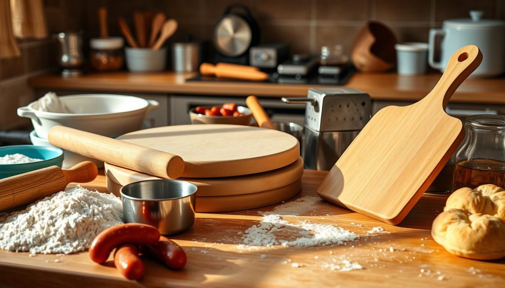 kitchen tools and pizza-making equipment